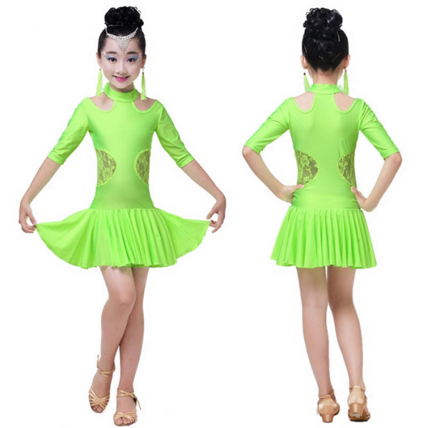 Neon green fuchsia hot pink black short sleeves turtle neck girls kids children stage performance school play competition gymnastics professional latin salsa cha cha dance dresses outfits